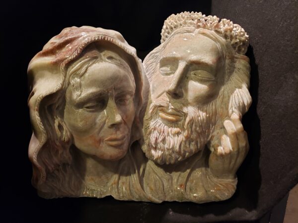 Alabaster stone hand-carved sculpture of Pieta Mary holding Jesus